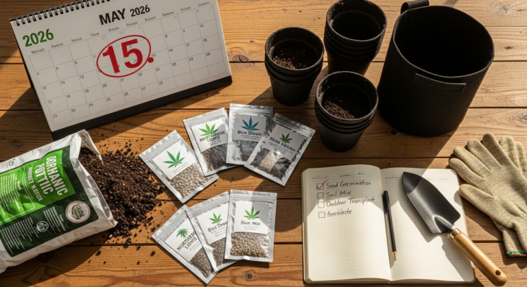 orbereitung für den Outdoor Grow 2026: Kalender mit Markierung der Eisheilige, Samen und Bio-Erde auf einem Gartentisch.