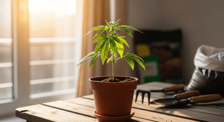 Eine junge Cannabispflanze in einem Topf auf einem Balkon, bereit um den ersten Outdoor Grow zu starten.