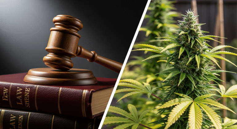 Konzeptbild, das die Verbindung zwischen dem Cannabisgesetz (CanG) und dem praktischen Anbau von Cannabis im Garten zeigt.