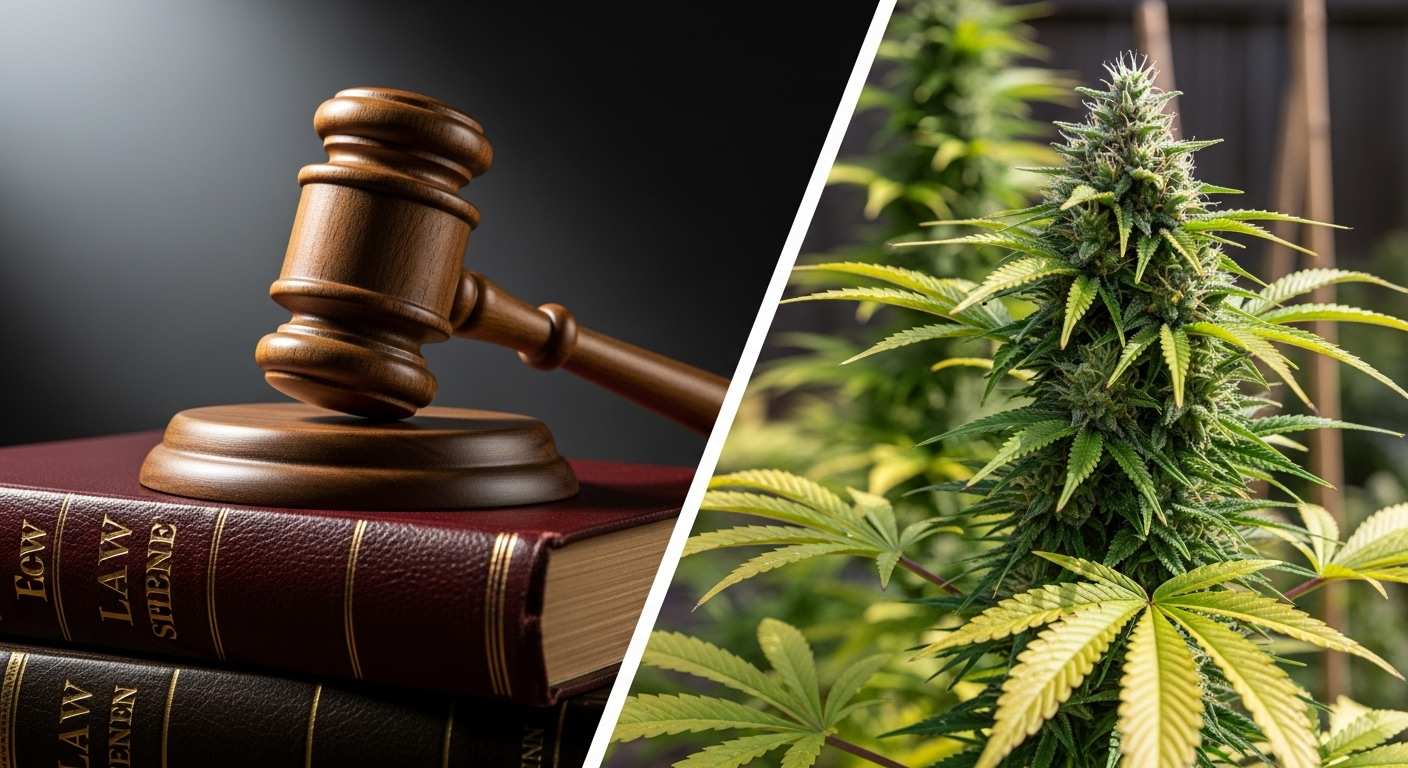 Konzeptbild, das die Verbindung zwischen dem Cannabisgesetz (CanG) und dem praktischen Anbau von Cannabis im Garten zeigt.