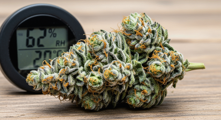 Eine geerntete Cannabisblüte liegt neben einem Hygrometer, ein Symbol für das erfolgreiche Cannabis ernten nach genauer Prüfung