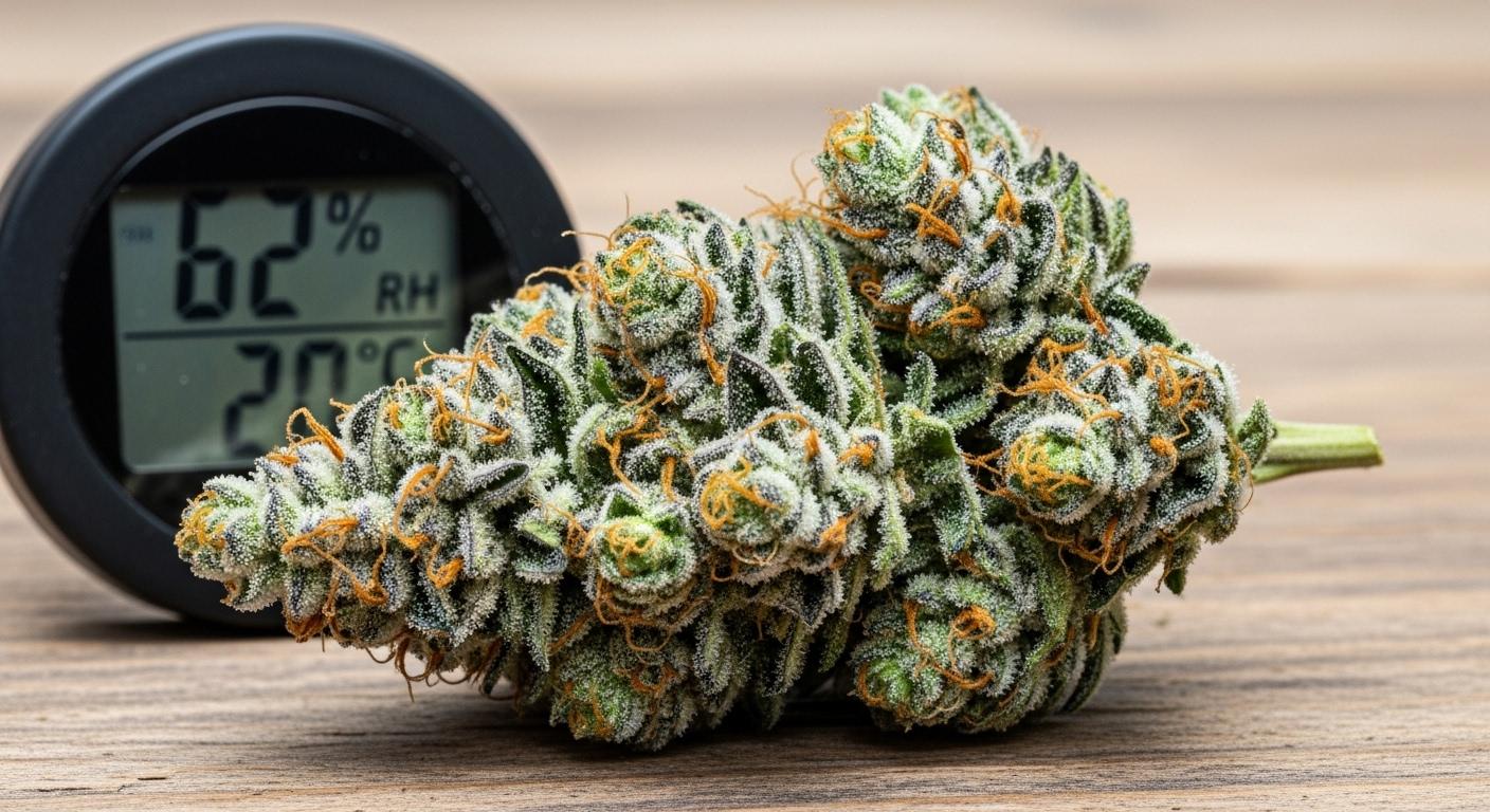 Eine geerntete Cannabisblüte liegt neben einem Hygrometer, ein Symbol für das erfolgreiche Cannabis ernten nach genauer Prüfung