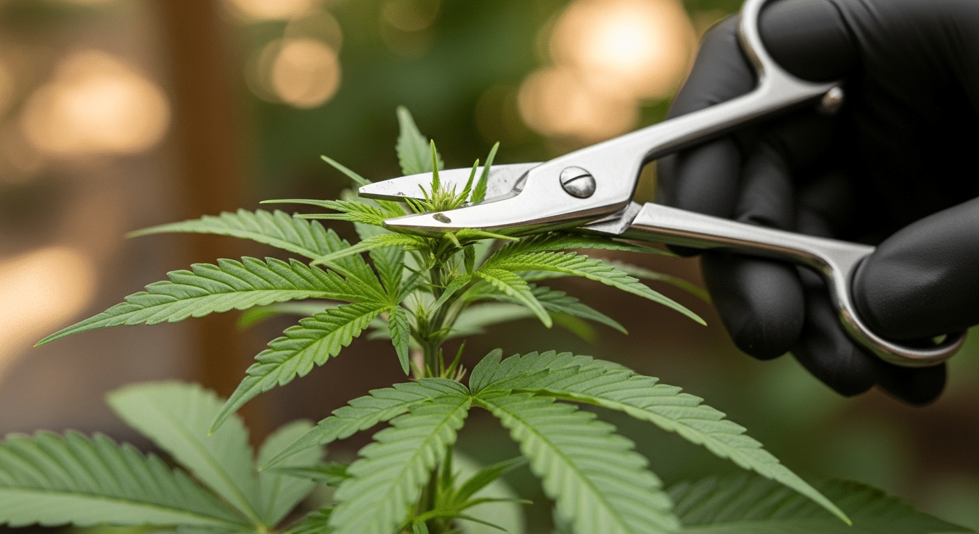 Das Topping einer jungen Cannabispflanze mit einer sterilen Schere, um ein buschigeres Wachstum zu fördern und den Ertrag zu steigern.