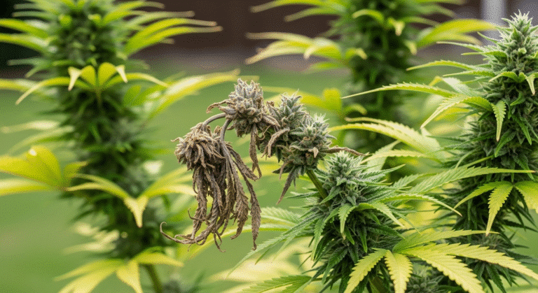 Eine Cannabispflanze mit einem lokal begrenzten Befall, um Hobby-Gärtnern zu zeigen, wie sie Grauschimmel erkennen können.