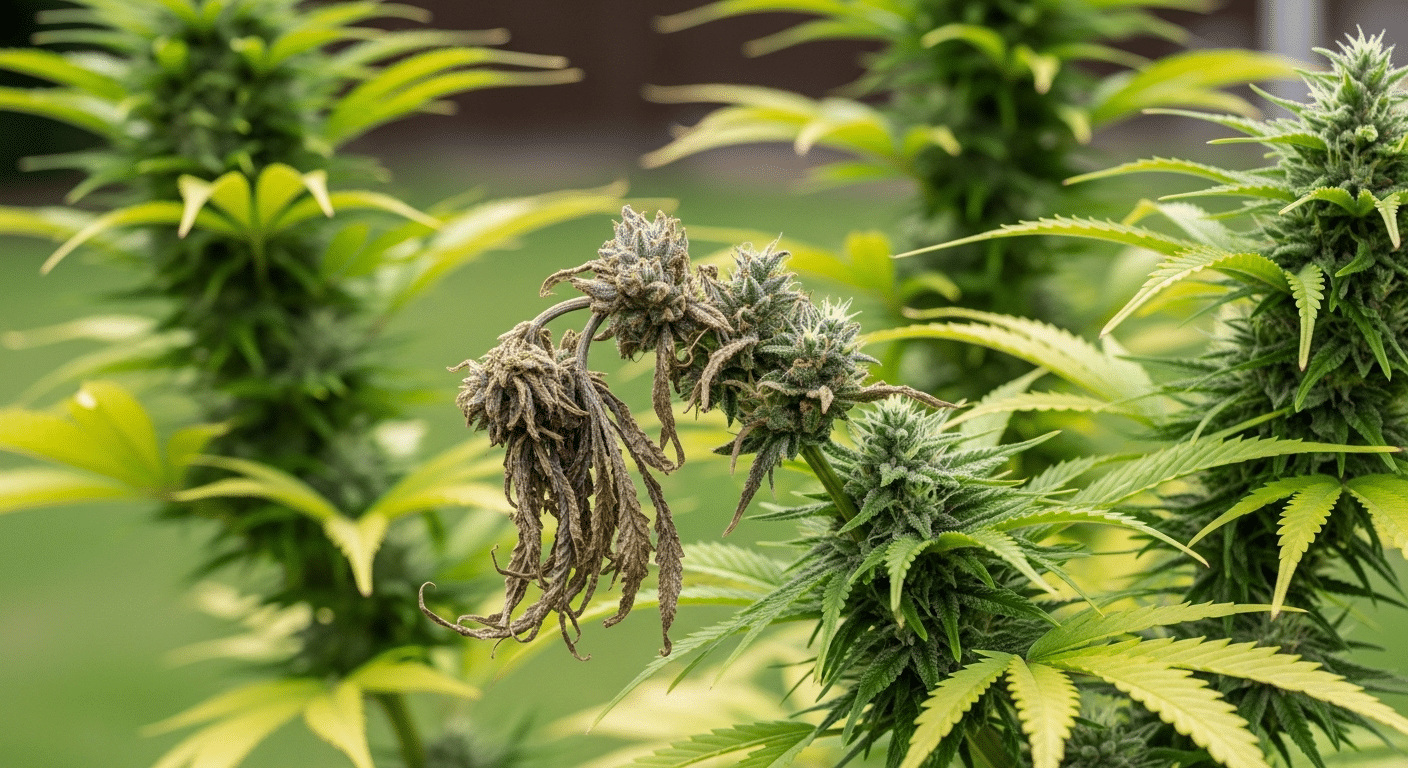 Eine Cannabispflanze mit einem lokal begrenzten Befall, um Hobby-Gärtnern zu zeigen, wie sie Grauschimmel erkennen können.