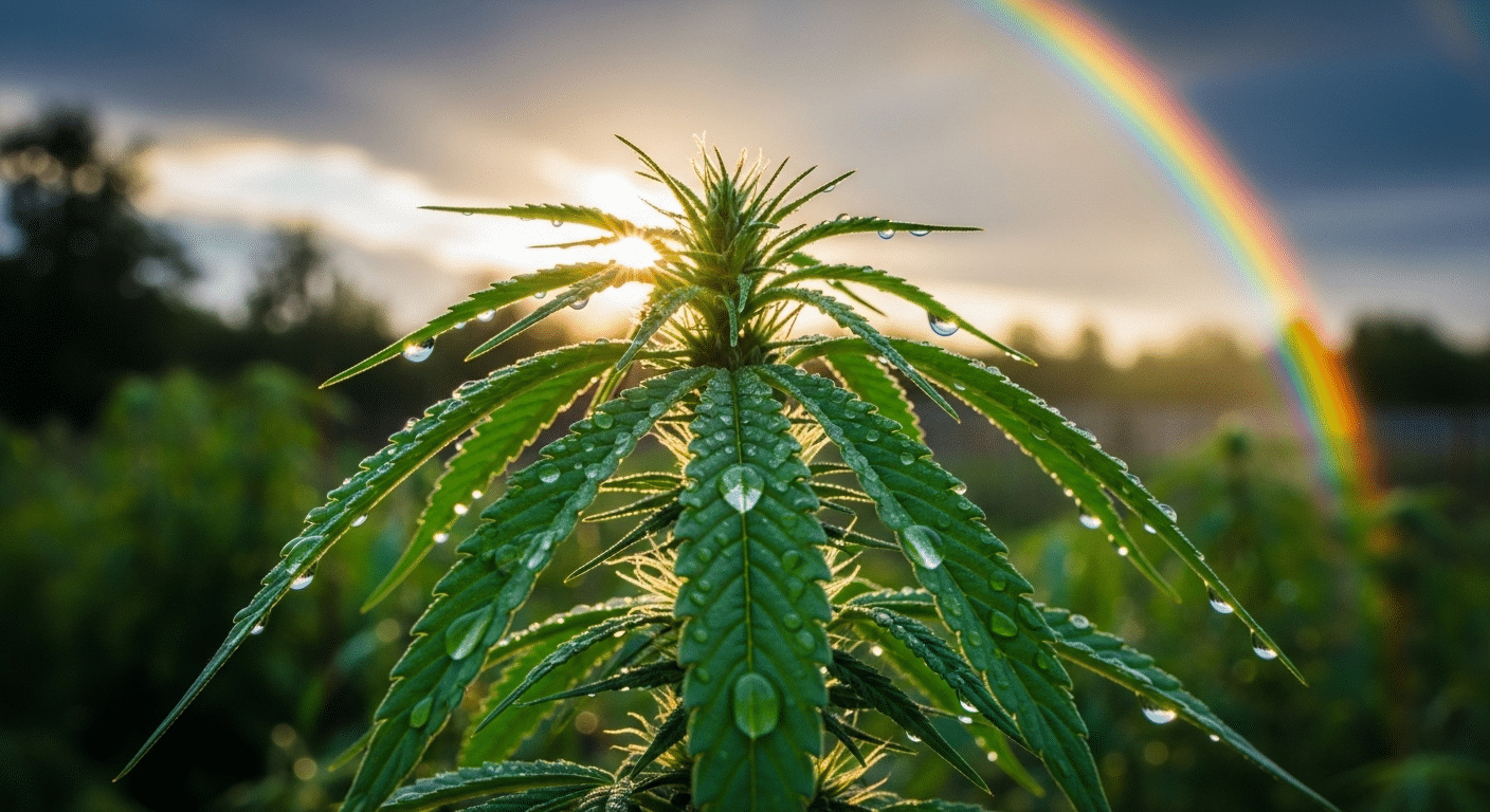 Eine Cannabispflanze nach einem Schauer zeigt, dass man Pflanzen nicht immer vor Regen schützen muss, da Regenwasser auch nützlich sein kann.