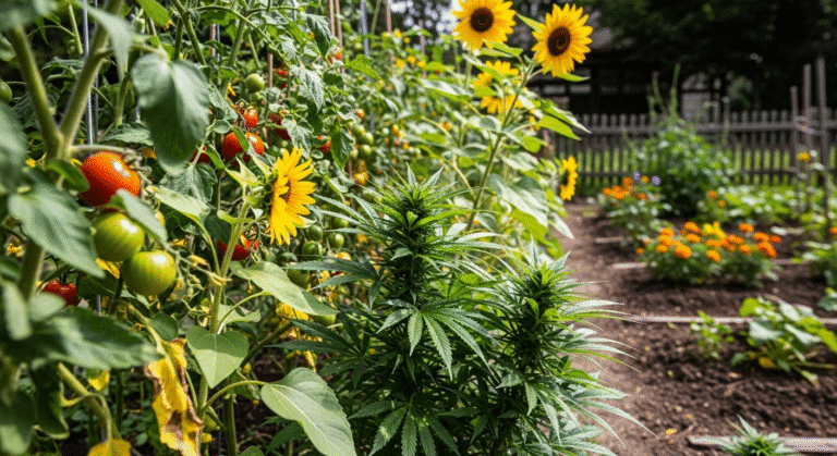 Eine Cannabispflanze, die für die Diskretion beim Cannabis Anbau geschickt zwischen Tomaten und Sonnenblumen im Garten versteckt wird.