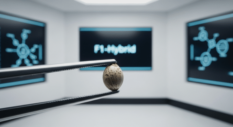 Eine Nahaufnahme eines Samens, der die fortschrittliche Züchtung hinter F1 Hybriden Cannabis symbolisiert.