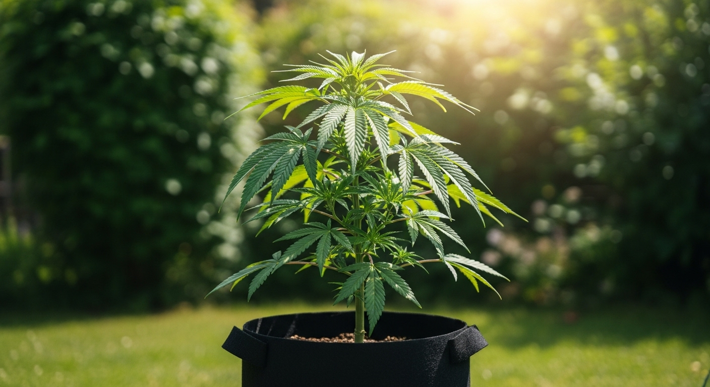 Eine gesunde Pflanze in der Cannabis Wachstumsphase, die draußen im Garten wächst und die Grundlage für eine erfolgreiche Ernte bildet.