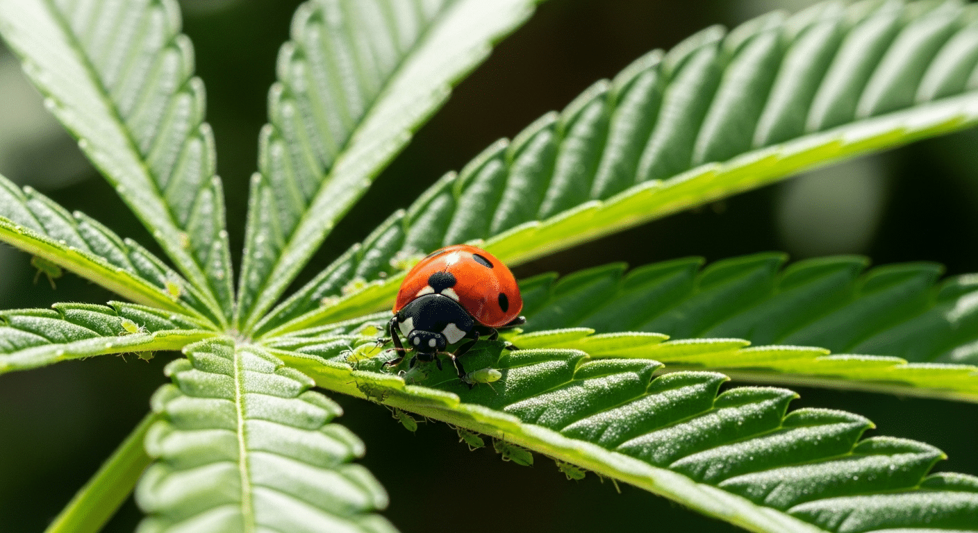 Ein Marienkäfer auf einem Cannabisblatt, der Blattläuse frisst, was zeigt, wie man Cannabis Schädlinge biologisch bekämpfen kann.