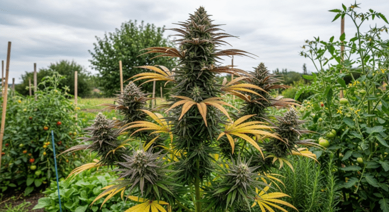 Eine große Cannabispflanze in einem mitteleuropäischen Garten während der Cannabis Blütephase Outdoor, die den Höhepunkt des Wachstums zeigt