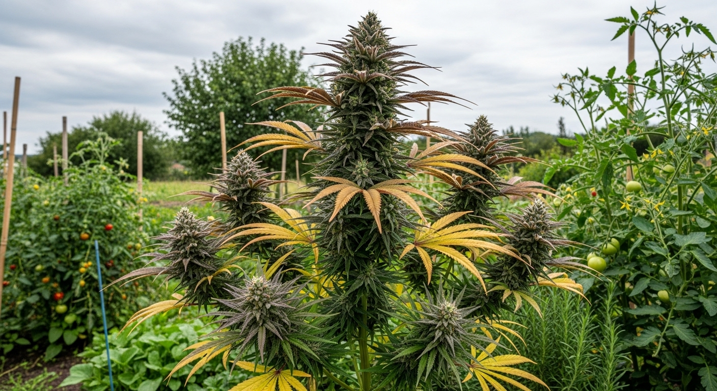 Eine große Cannabispflanze in einem mitteleuropäischen Garten während der Cannabis Blütephase Outdoor, die den Höhepunkt des Wachstums zeigt