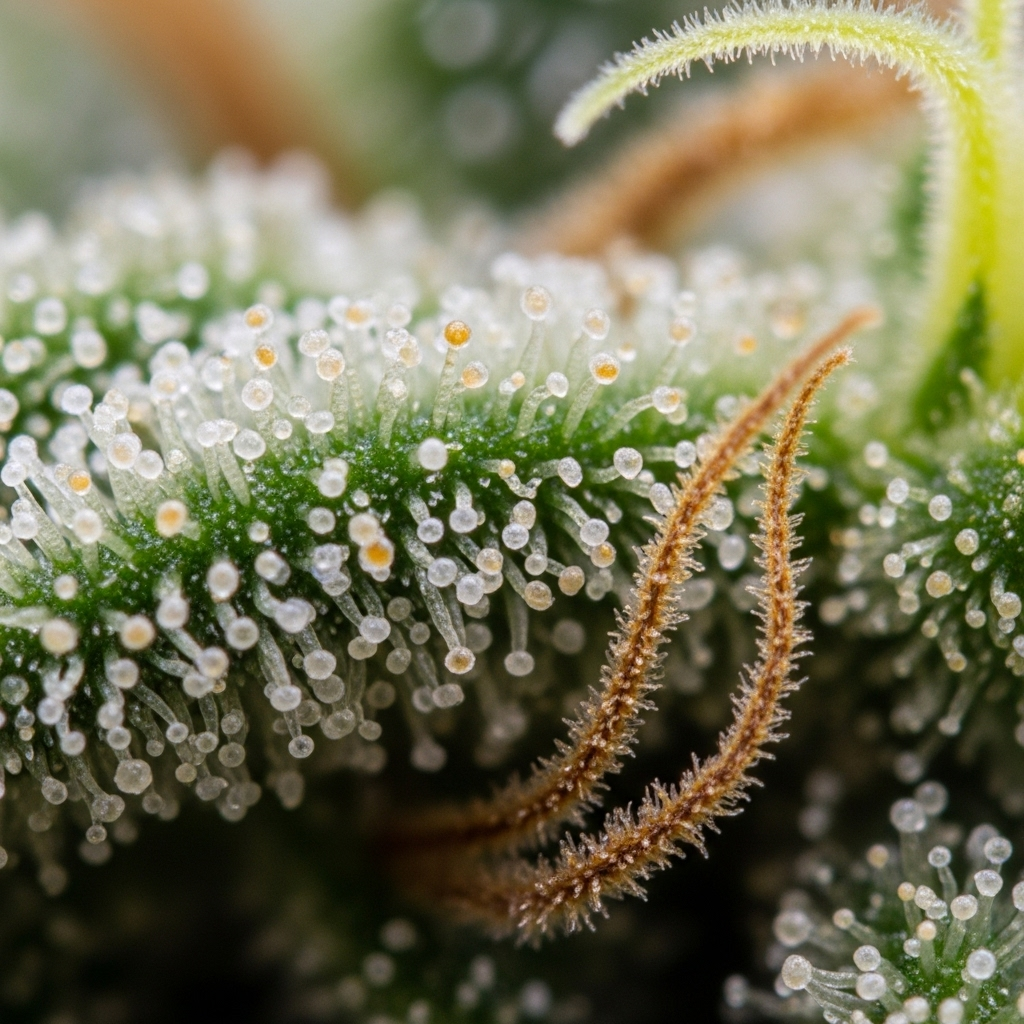 Eine Nahaufnahme von milchigen und bernsteinfarbenen Trichomen, die den idealen Reifegrad für die Cannabis-Ernte anzeigen.