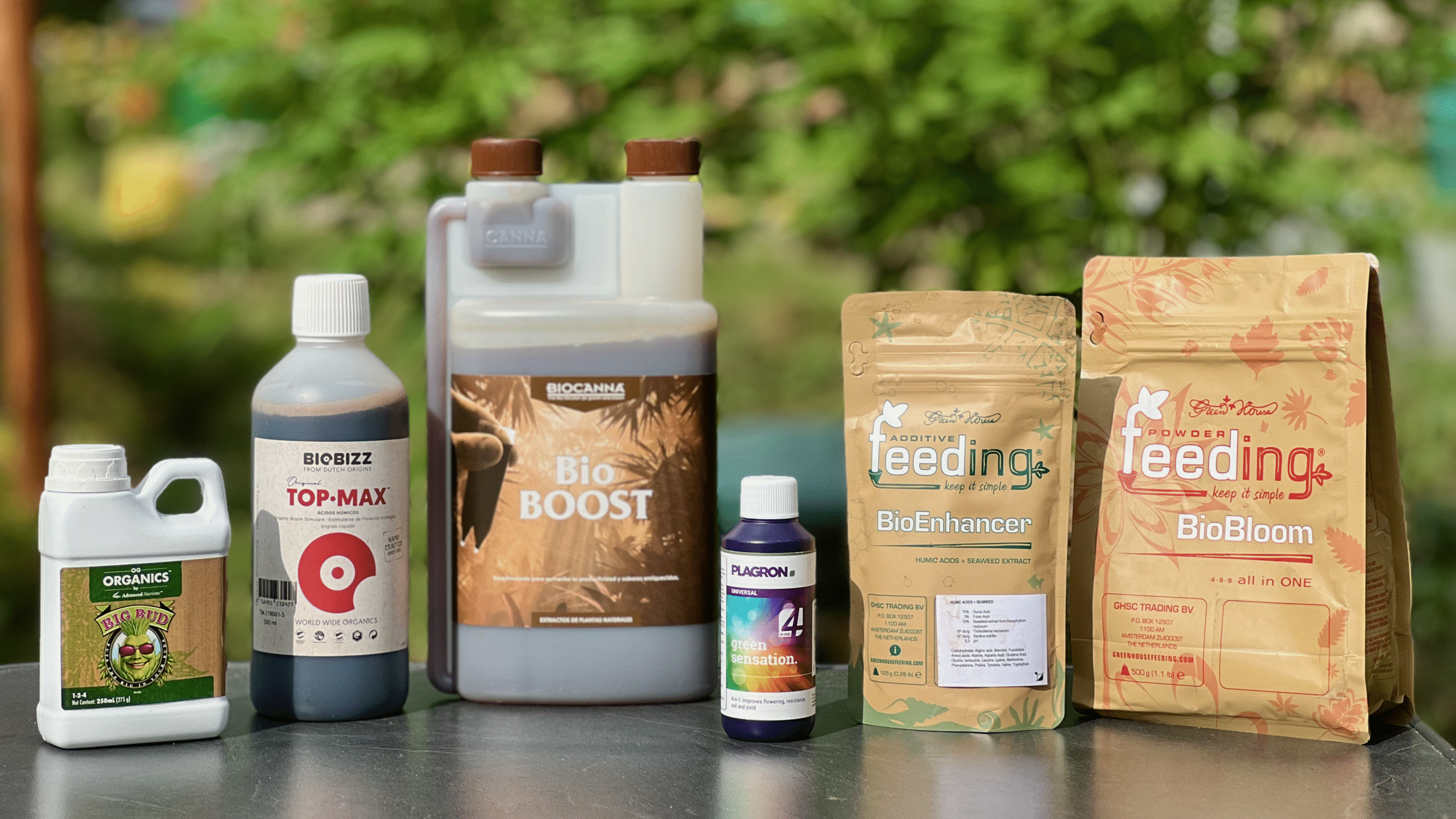 Verschiedene Flaschen für den organischen Blüte-Booster Vergleich, angeordnet um eine große, exemplarische Cannabisblüte.