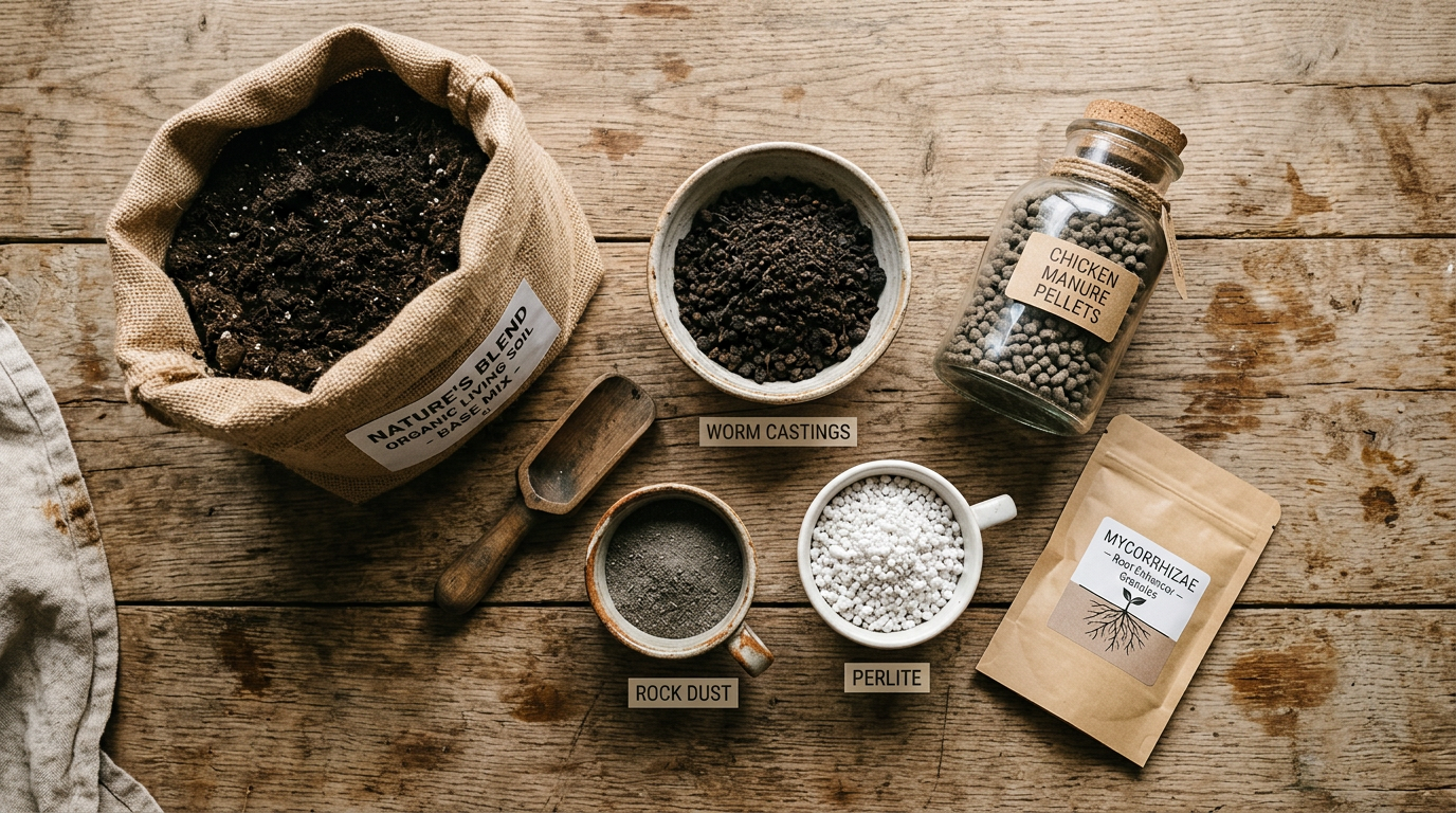 Die Zutaten für Living Soil selber mischen – Wurmhumus, Hühnermistpellets, Perlit, Urgesteinsmehl und Mykorrhiza auf Holzuntergrund.