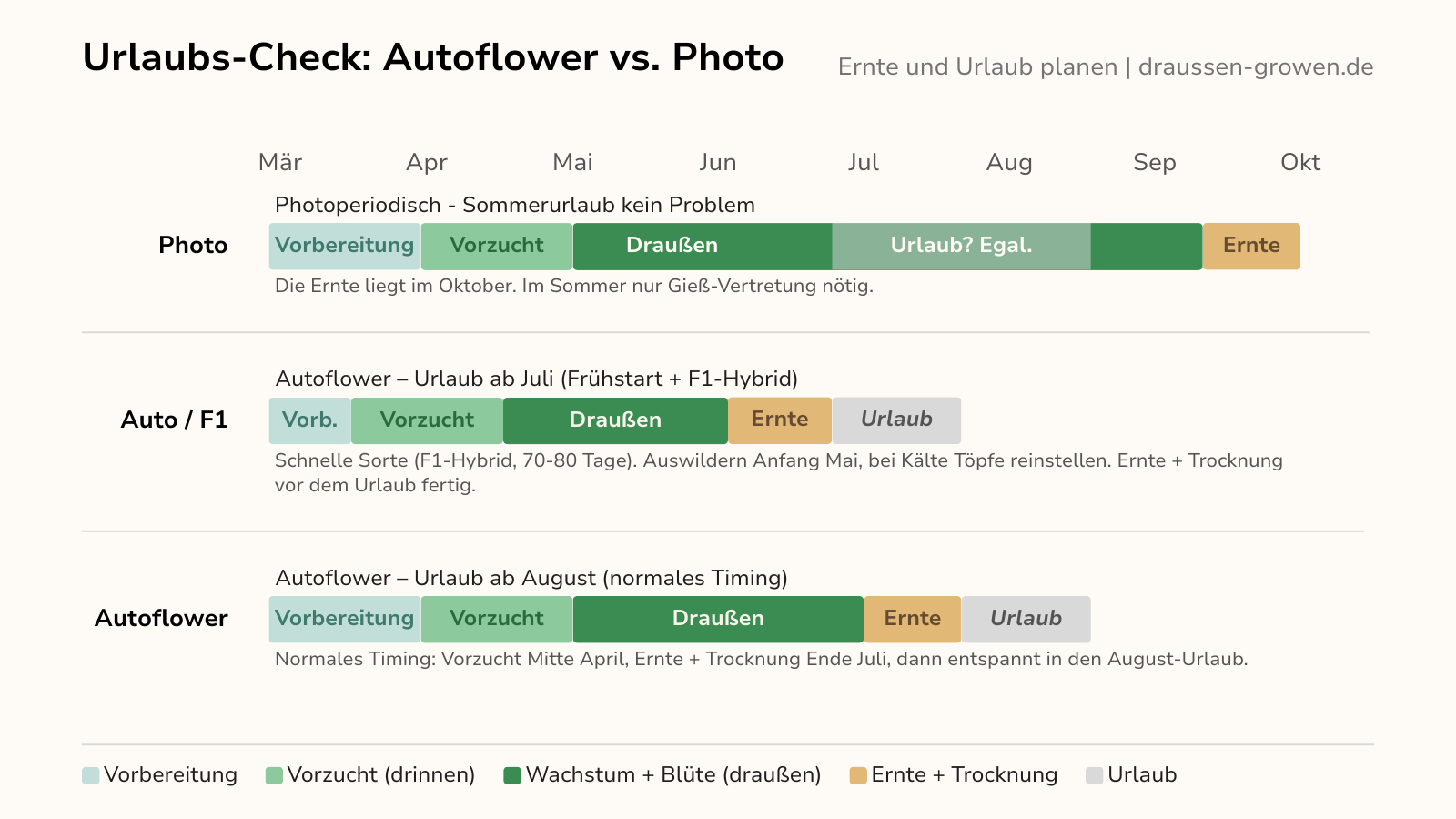 Infografik Urlaubs-Check: Wann den Outdoor Grow mit Autoflowern starten, damit Ernte und Sommerurlaub nicht kollidieren.