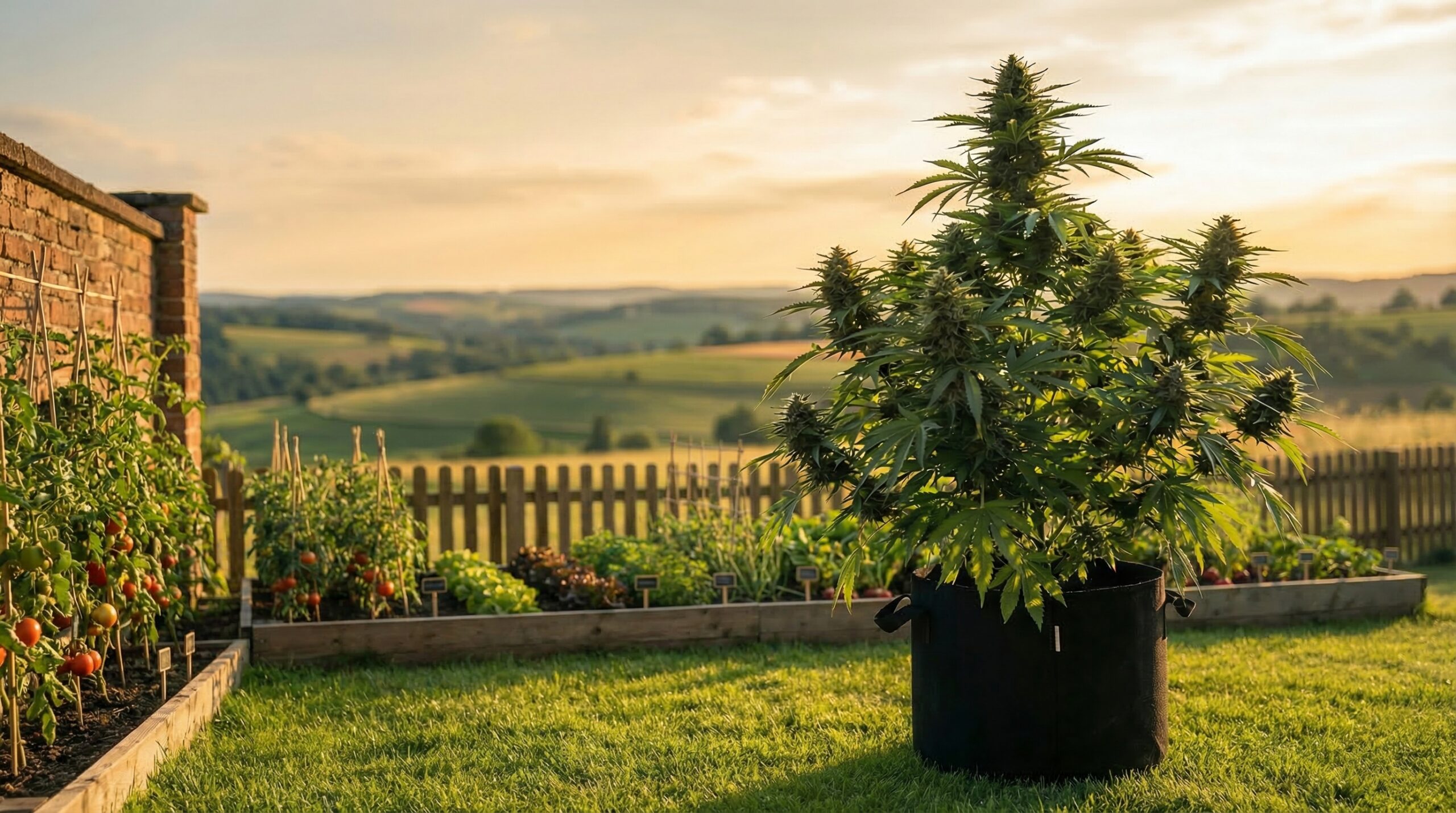Blühende Cannabispflanze im Stofftopf in einem deutschen Garten mit Gemüsebeeten und Holzzaun bei Sonnenuntergang